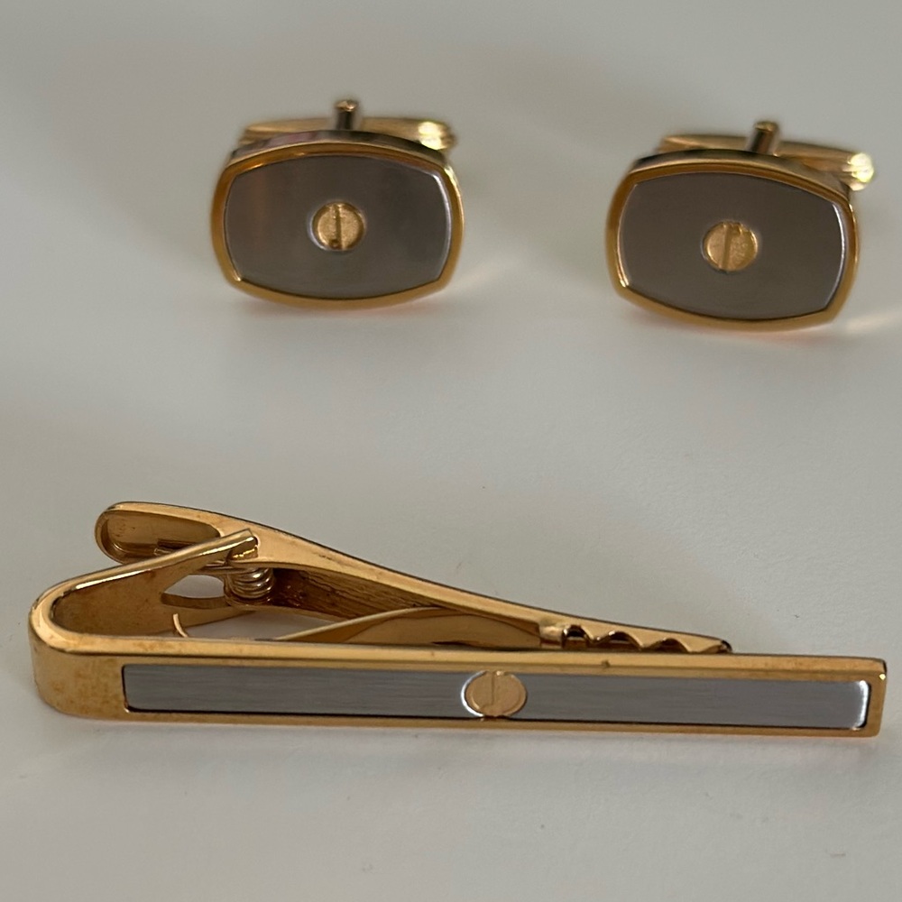 Authentic Dunhill Gold and Gray Cufflinks with Tie Clip
